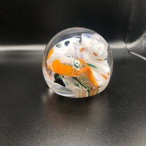 Multi color Art Glass Hand Blown paperweight no signature Orange/white